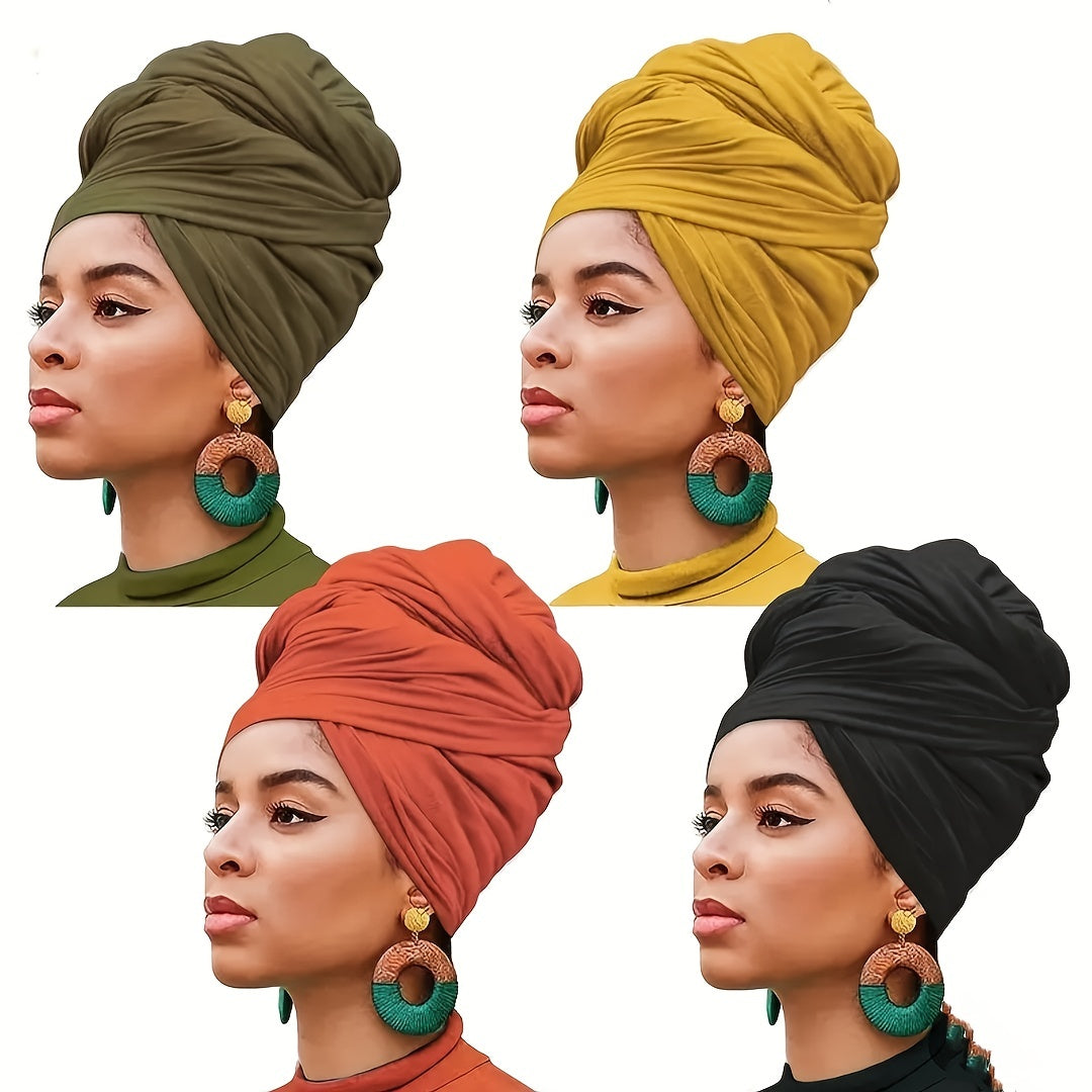 Set of 4 Bohemian Style Pleated Head Wraps, Elegant Solid Color Turban Caps, Breathable And Ultra Soft Extra Long Headbands for Women